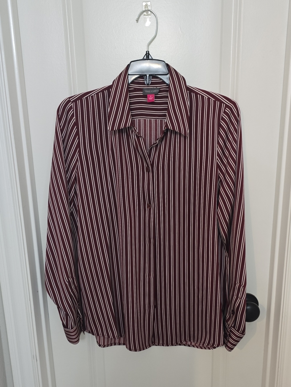 Vince Camuto Burgundy and White Vertical Stripe Button-Down Blouse